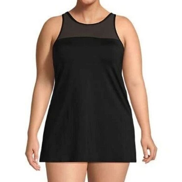 Lands End Black Swim Dress Size 14 Chlorine Resistant Mesh High Neck Slimming - Picture 1 of 16